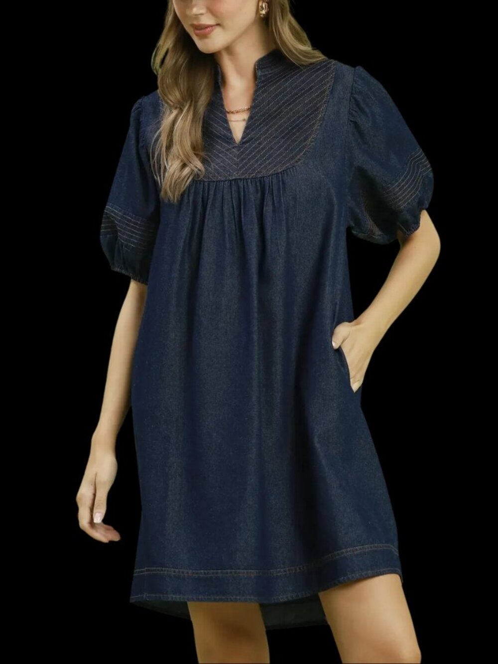 Umgee Notched Puff Sleeve Mini Dress with Pockets - Indigo